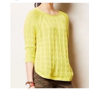 Sparrow Anthropologie Yellow Pointelle Knit Cotton Sweater 3/4 Sleeve Small